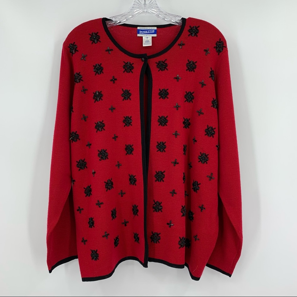 Pendleton Cardigan Cropped Sweater Vintage TALL Wool Blend Red Black Size S